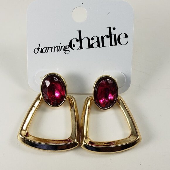 Charming Charlie Gold-Tone Drop Earrings w/ Pink Oval Stone, Elegant Post Dangle - Picture 3 of 9